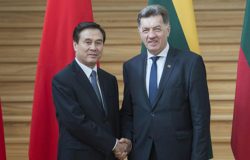Premier Litwy Algirdas Butkevicius w trakcie spotkania z chińskim radnym Yang Jingiem w Wilnie.